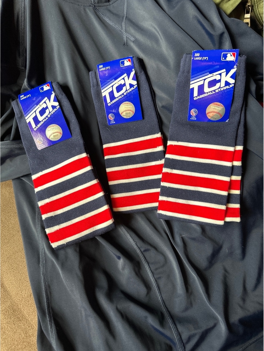 TCK Baseball Stirrup Socks Red White Navy Large NWT 3 Pair Lot USA Made